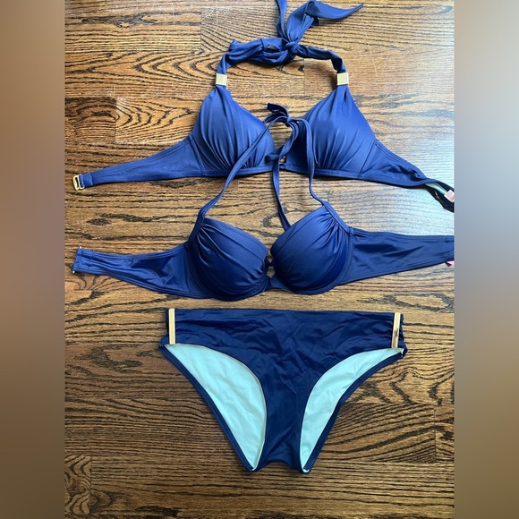 Victoria’s Secret VTG swimsuit set of 3 pieces (2 tops 1 bikini) navy Sz. S - Picture 1 of 7